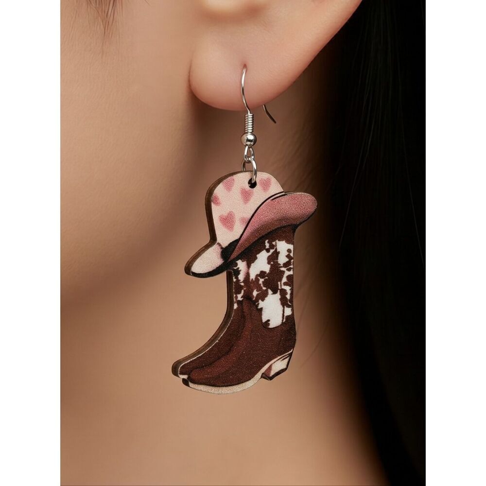 Pink Cowgirl Cowboy Boot Earrings Cow Print Hat Western Rodeo Wooden Dangle